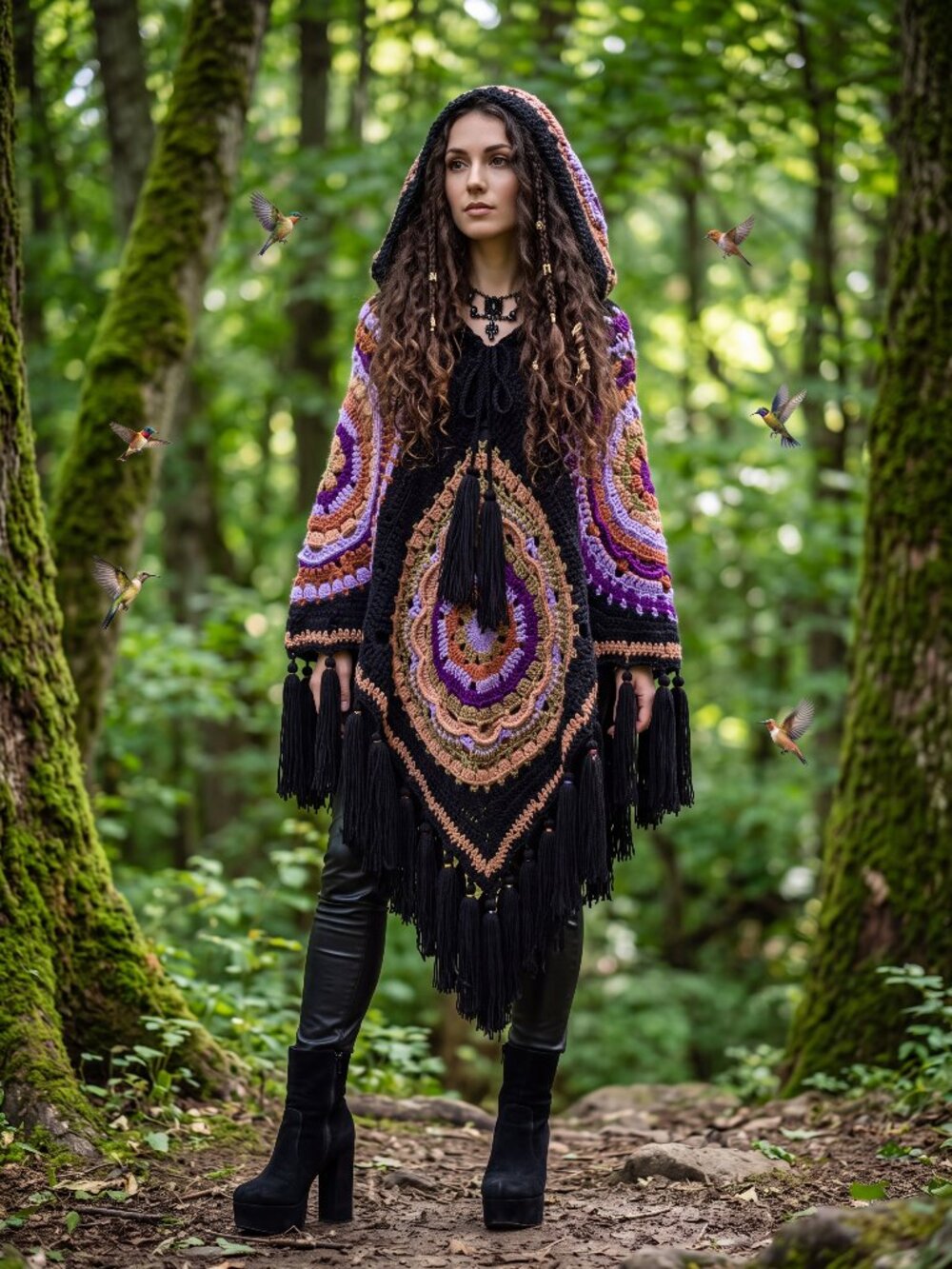 BOHO striking Mandala Crochet Poncho Vibrant Earthy-tone colours Fringe Tassels